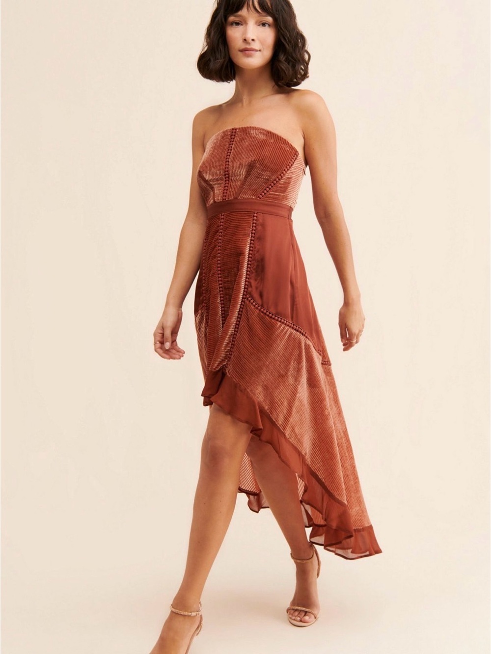 Anthropologie Strapless Rust Velvet Asymmetric Midi Dress